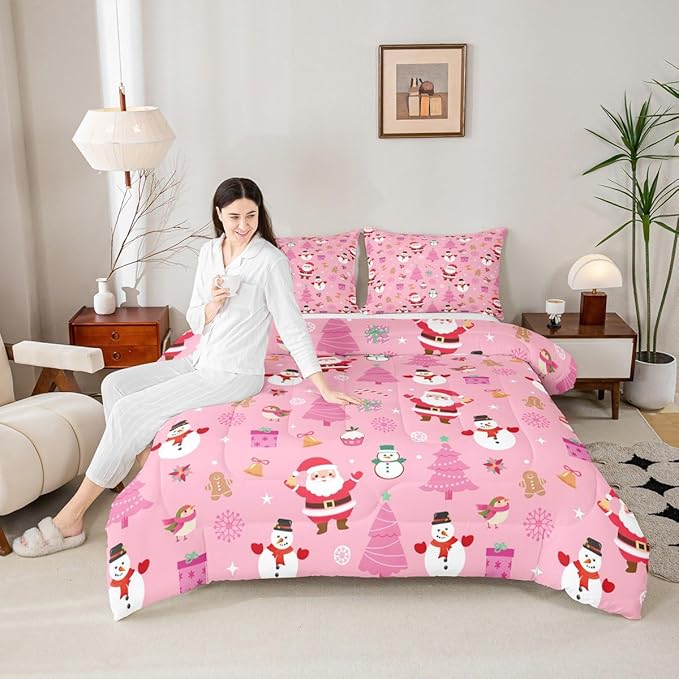 Feelyou Christmas Kids Comforter Set King Size Happy New Year Bedding Set Santa Claus Duvet Quilt for Kids Boys Girls Bedroom Merry Christmas Decor Microfiber Ultra Soft Breathable