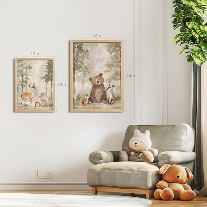 LLEEMPI Woodland Nursery Wall Decor Set of 3, Cute Forest Animal Wall Art, Bear Fox Deer Watercolor Canvas Prints, Vintage Nature Poster Prints for Kids Bedroom Bathroom Playroom Wood Framed 12x16 Inch