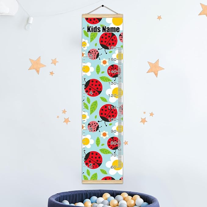 Personalized Kids Name Growth Chart Ruler for Wall Wood Frame Height Measure Chart 13.4x56 in Linen Hanging Height Growth Chart Ladybugs and Flowers Kids Room Decor