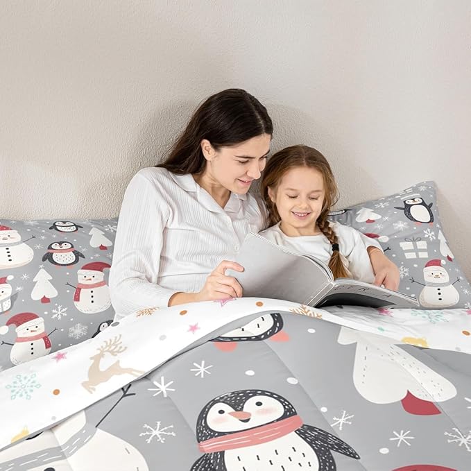 Feelyou Christmas Comforter Set Queen Size Snowman Snowflake Bedding Set for Kids Boys Girls Penguin Duvet Quilt New Year Gift Bedroom Decor Microfiber 3 Pcs with 2 Pillow Cases