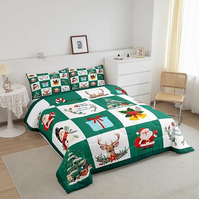 Erosebridal Merry Christmas Quilt Twin Size for Kids Teens Santa Claus Xmas Tree Bedding Set Cartoon Deer Snowman Comforter Set with 1 Pillow Case