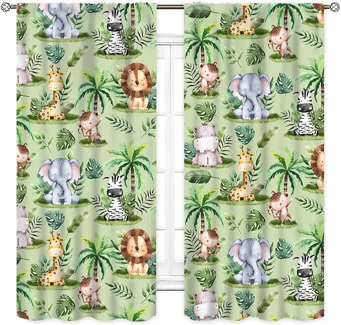 Jungle Safari Animals Curtains, Cartoon Animals Lion Giraffe Elephant Woodland Tropical Leaf Green Window Drapery for Kids Boys Girls Baby Living Room Bedroom Nursery 2 Panels, 42"x54" Inch
