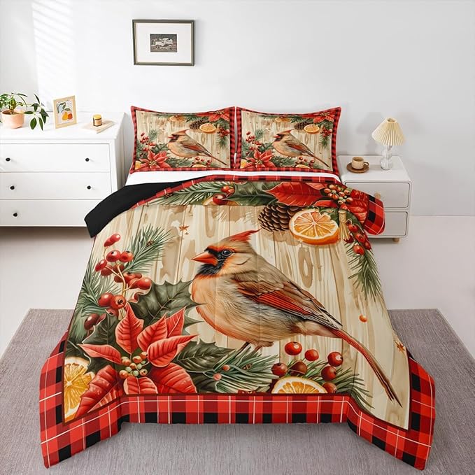 jejeloiu Kids Red Cardinal Comforter Set Twin Size Christmas Red Black Plaid Flower Bedding Set for Boys Girls Teens Xmas Birds Animal Lemon Winter Wood Plank Duvet Quilt Room Decor