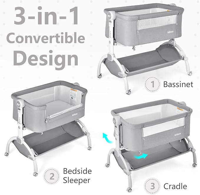INFANS 3 in 1 Baby Bassinet, Bedside Sleeper, Rocking Cradle, Easy Folding Portable Safer Co-Sleeping Crib with Height Adjustable, Wheels Storage Basket Travel Bag for Infant Newborn (Gray)