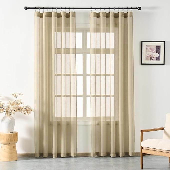 Taupe Sheer Curtains 96 Inches Long, Neutral Linen Look Textured Light Filtering Drapes Decor, Tan Beige Transparent Window Treatments, Rustic Pinch Pleat Curtain with Hooks