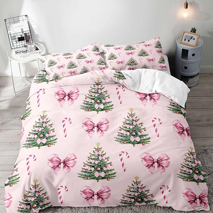 LUVIVIHOME 2PCS Pink Bow Christmas Tree Duvet Cover Twin Bedding Sets, Teen Girls Bedding, Xmas Tree Candy Cane Winter Holiday Christmas Comforter Cover, Coquette Room Decor Aesthetic, 1 Pillow Sham
