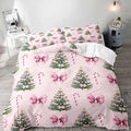 LUVIVIHOME 3PCS Pink Bow Christmas Tree Duvet Cover Queen Bedding Sets, Teen Girls Bedding, Xmas Tree Candy Cane Winter Holiday Christmas Comforter Cover, Coquette Room Decor Aesthetic, 2 Pillow Shams