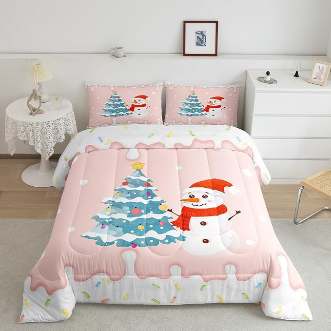 Castle Fairy Cartoon Christmas Comforter Set King Size,Xmas Cute Snowman Pine Trees Bedding Set All Season Quilt Set,Pink Cream Candy Girly Funny Microfiber Polyester Down Comforter