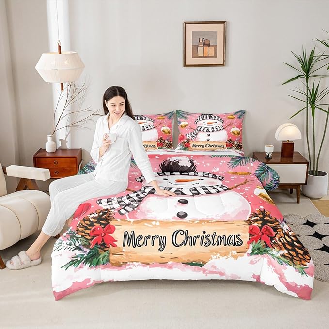 Feelyou Merry Christmas Kids Comforter Set Queen Size Cute Snowman Bedding Set Snowflake Duvet Quilt for Kids Boys Girls Bedroom Winter Decor Microfiber Ultra Soft Breathable