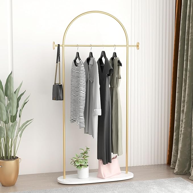 Modern Gold Coat Racks with Marble Base, Gold Clothing Racks with Shelves, Heavy Duty Clothes Rack Stand for Entryway, Bedroom, Living Room, Boutiques