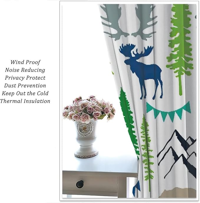 Forest Woodland Curtains, Wild Nature Bear Moose Deer Pine Trees Mountain Cabin Lodge Blackout Rod Pocket Windows Door Curtain for Bedroom Living Room Home Decor 42x63in