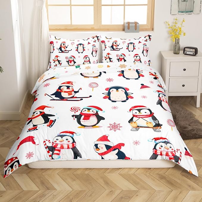 Feelyou Cartoon Penguin Duvet Cover Funny Animal Printed Christmas Day Bedding Set for Kids Room Cute Polar Animal Pattern Decor Comforter Cover Set Snowflake Bedspread Cover 3Pcs Zipper Queen Size