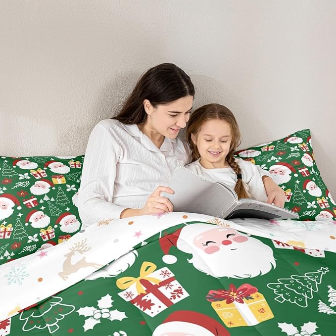 jejeloiu Santa Claus Comforter Set Toddler Size Merry Christmas Bedding Set for Kids Boys Girls Xmas Themed Duvet Quilt Green Bedroom Decor