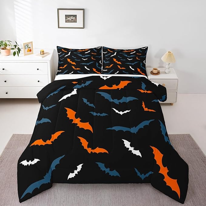 Erosebridal Bat Bedding Set for Kids Adults Boys Girls Happy Halloween Comforter Set King Size Gothic Spooky Quilt Orange Bats Duvet Insert with 2 Pillow Cases