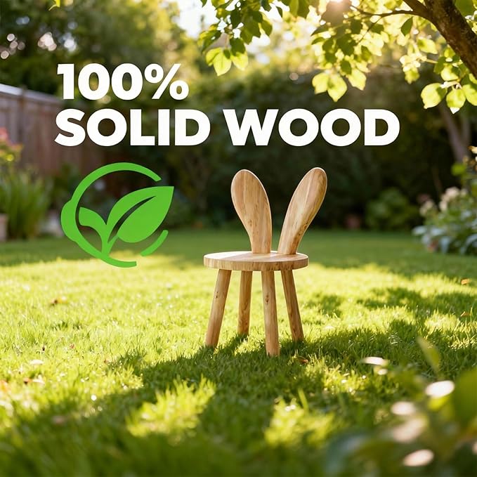 Solid Wood Rabbit Chair for Kids & Toddlers, Cute Bunny Wooden Chair for Playroom Bedroom, Sturdy Rubber Wood Stool, Easy Assembly - 1 Pack (Single Chair)