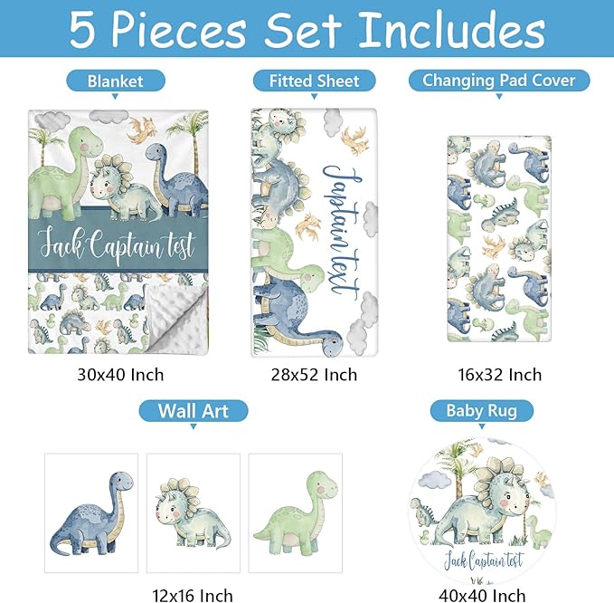 Personalized Baby Crib Bedding Set with Name, 5 Pcs Dinosaur Crib Bedding Set for Boys Girls, Double Layer Nursery Crib Set for Infant Toddlers, Ideal Gift for Newborns Kids New Parents