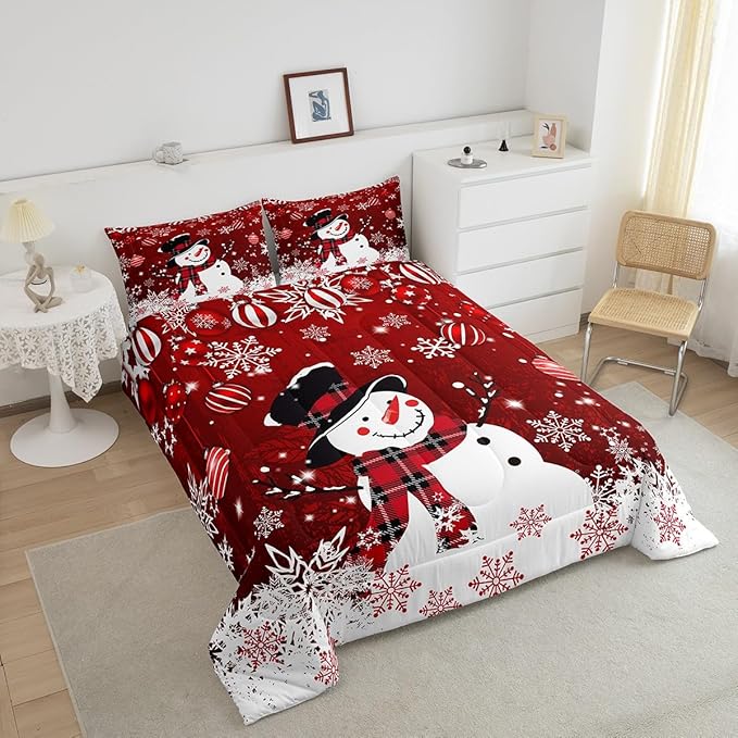 Manfei Snowman Comforter Set Queen Size, Snowflake Balloon Xmas Decor Down Comforter with 2 Pillowcases, Christmas Red Bedding Set 3pcs for Kids Boy Girls Bedroom Decor Lightweight Duvet Insert