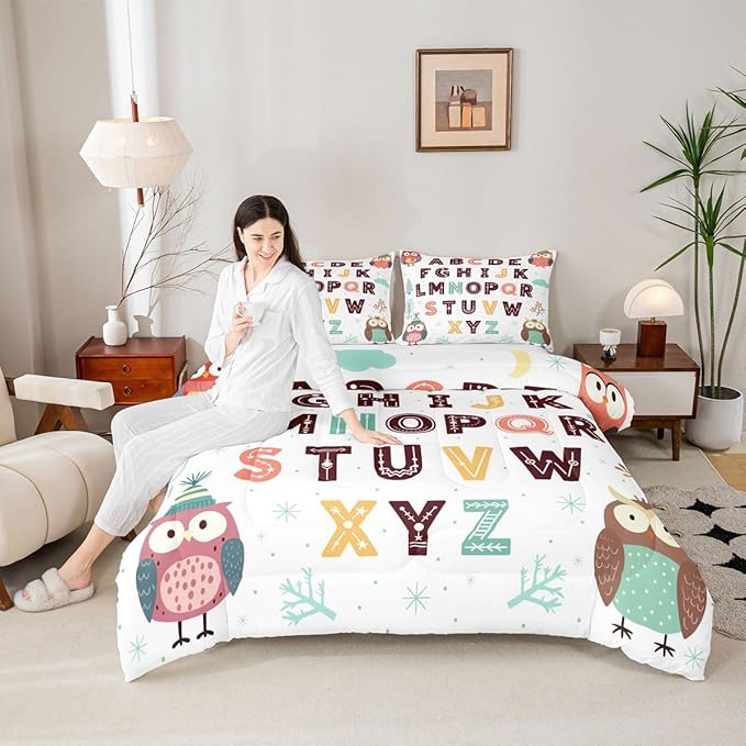 Feelyou Alphabet Kids ABC Learning Comforter Set Full Size Cartoon Owls Bedding Set for Kids Boys Girls Educational Nursery Art Duvet Quilt Wildlife Bedroom Decor 3 Pcs with 2 Pillow Cases