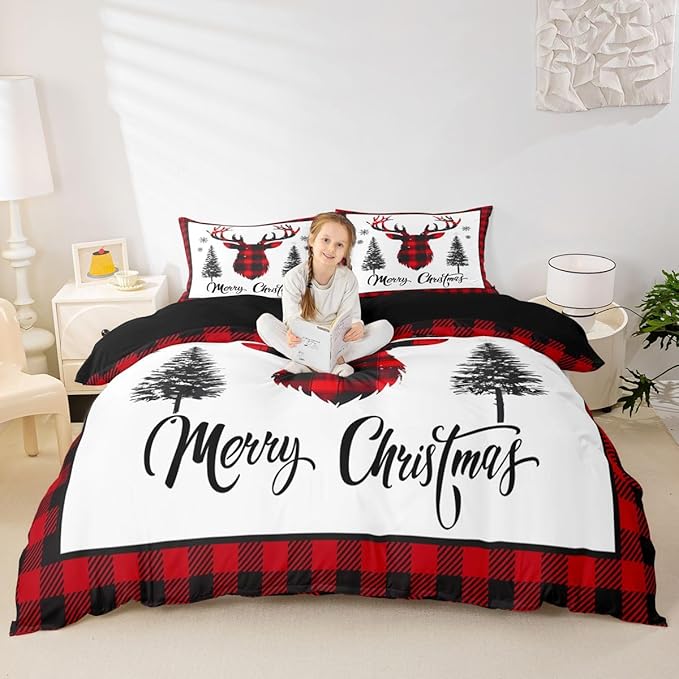 jejeloiu Christmas Bedding Set for Kids Boys Girls Xmas Deer Elk Antlers Comforter Cover Set Full Size Buffalo Check Grid Duvet Cover Bedroom Decor Xmas Bedding Collection 3Pcs