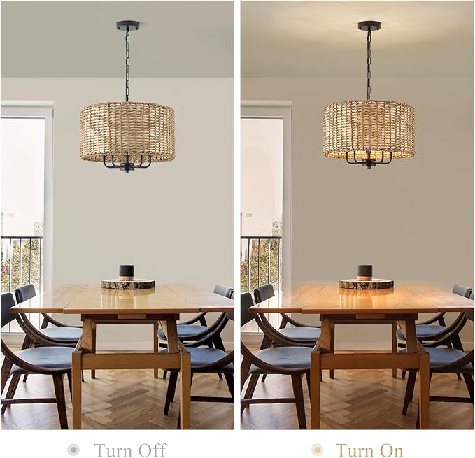 5 Lights Chandeliers 18" Rattan Light Fixture with Drum Woven Shade, Boho Chandelier for Kitchen Island,Entryway,Over Table,Hallway(Ceiling Hanging Mounted Wicker Light Fixture)