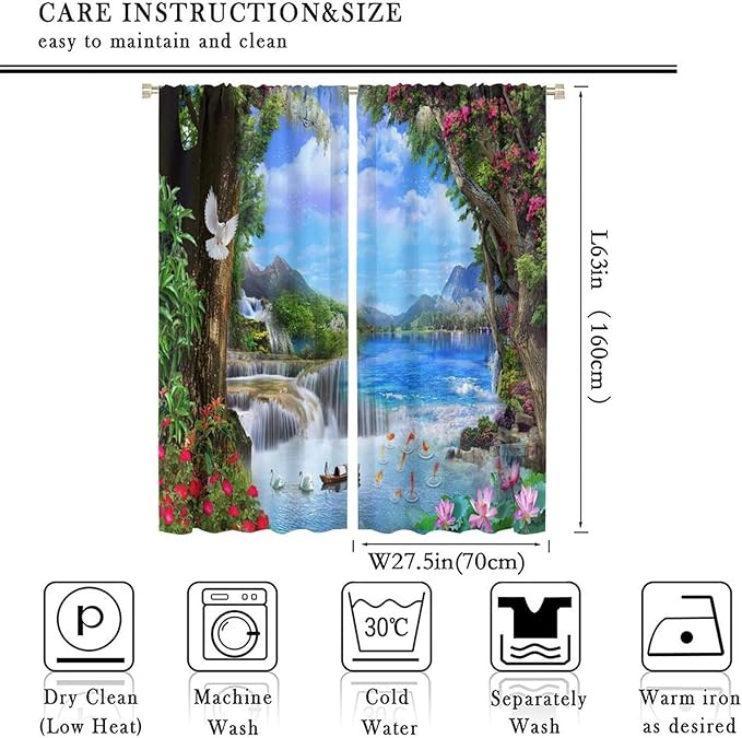 Spring Jungle Waterfall Blackout Window Curtains, Tropical Rainforest Floral Tree Waterfall Landscape Print Window Drapes, for Living Room Bedroom 55x63in 2 Panels