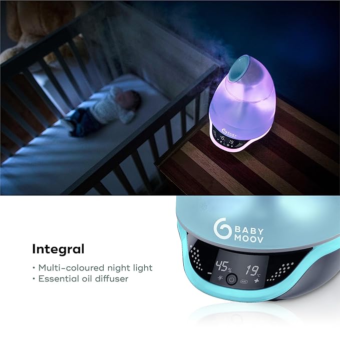 Babymoov Hygro Plus Cool Mist Humidifier 3-in-1 Humidity Control, Multicolored Night Light & Essential Oil Diffuser Easy Use and Care (NO Filter Needed)