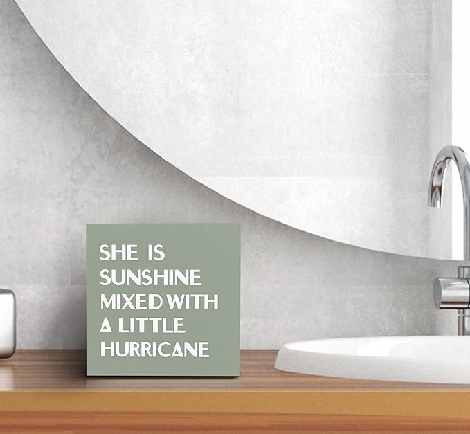 SRADMO She Is Sunshine Mixed with a Little Hurricane Boho Purple Wood Box Sign Desk Decor, Baby Girls Inspirational Wooden Box Decor for Girls Room Nursery Shelf Table Decorative Accessories (Green)