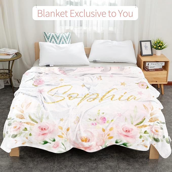 Elephant Blanket Personalized Baby Blanket with Name for Girl, Custom Name Blanket for Newborn Girl, Soft Flannel Toddler Blanket Customized Gift for Birthday Christmas Baby Shower 60" X 80"