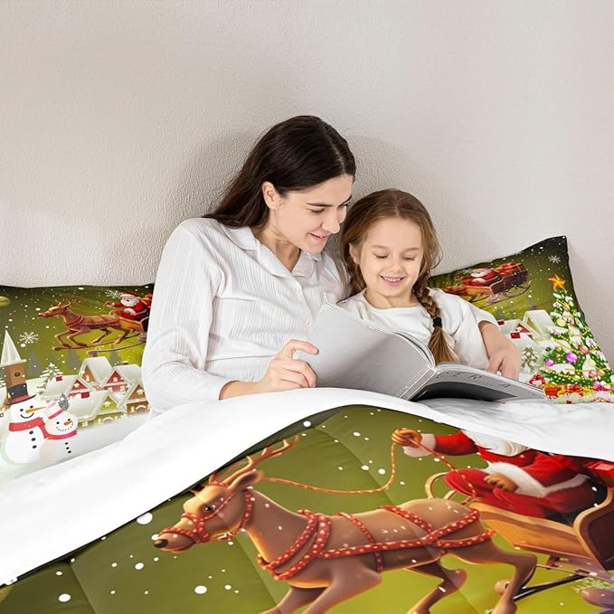 Manfei Christmas Comforter Set King Size, Xmas Tree Snowman Quilt Set with 2 Pillowcases, Santa Claus with Deer Bedding Set 3pcs for Kids Boys Girls Room Decor New Year Theme Duvet Insert