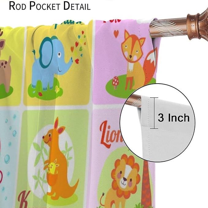 Kids Alphabet Letter Curtains Funny Education School Cute Cartoon Animal Printed Curtain with Rod Pocket for Bedroom Living Room Home Drapes Window Treatments 2 Panels Set 42" W X 54" L
