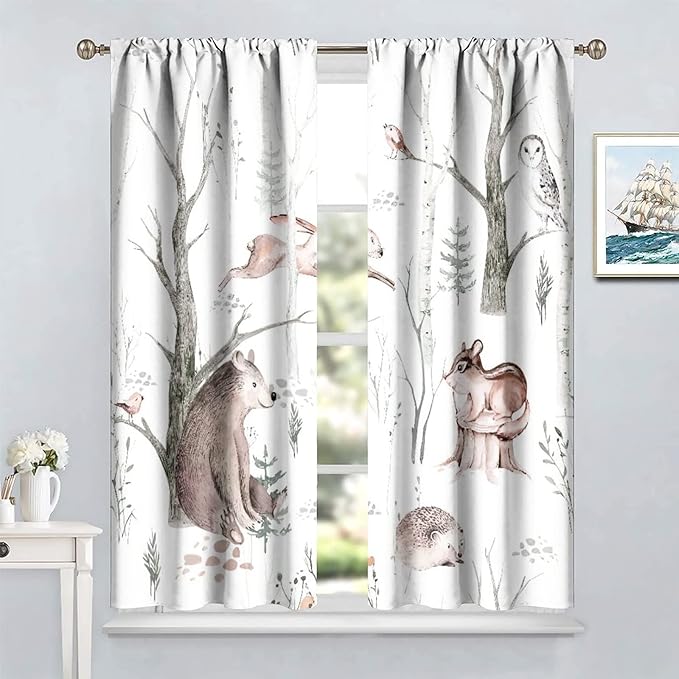 Watercolor Woodland Animal Curtains, Wildlife Bear Farmhouse Lodge Cabin Squirrel Owl Hedgehog Fox Blackout Rod Pocket Windows Door Curtain for Bedroom Living Room Home Decor 42x45in
