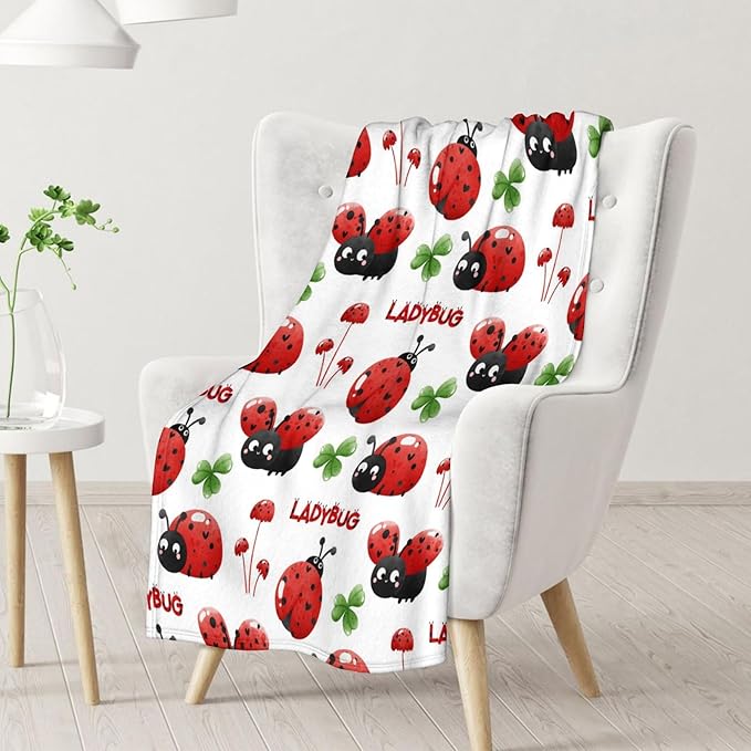 Ladybug Throw Blanket - 50 x 60 Inches Cute Girls Gifts for Lady Bug Lovers - White Fuzzy Soft Decor for Sofa, Trip