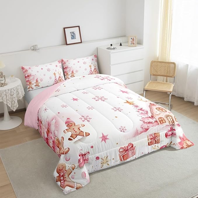 jejeloiu Kids Christmas Theme Comforter Set King Size Pink Xmas Gingerbread Man Bedding Set for Boys Girls Teens Candy House Snowflake Winter Happy New Year Duvet Quilt Room Decor