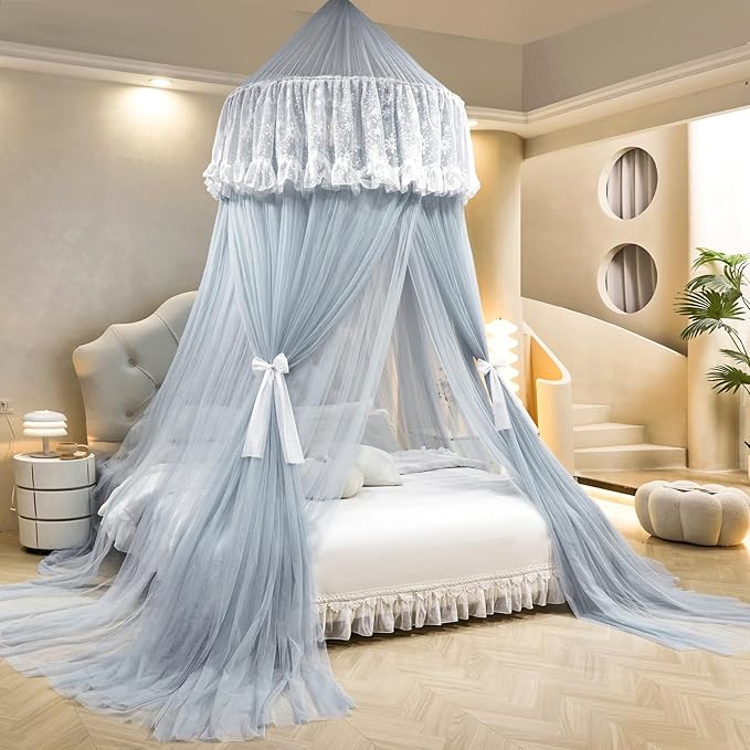 AIKASY Princess Bed Canopy for Girls – Double Layer Sheer Mesh Dome with Romantic Lace Trim, Dreamy Mosquito Net Tent for Twin/Full/Queen/King Beds(Lightgrey)