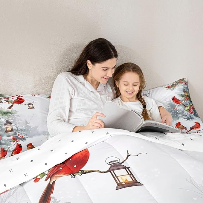 jejeloiu Kids Red Cardinal Comforter Set Twin Size Christmas Theme Bedding Set for Boys Girls Teens Xmas Birds Winter Country Woodland Animal Duvet Quilt Room Decor