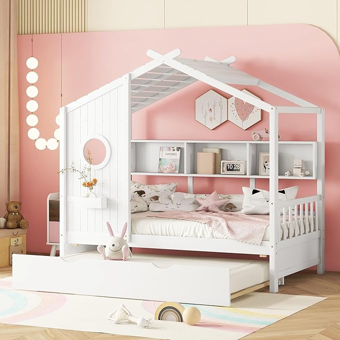 Merax Wood Multifunctional Daybed with Trundle/Storage Shelf, House Low Day Bed for Kids, Space Saving, Easy Assemble White