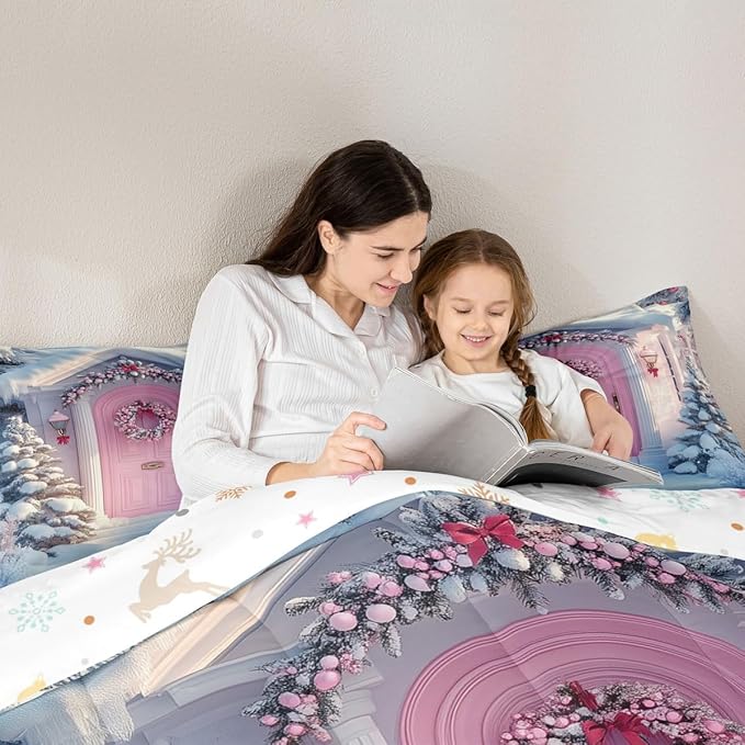 Feelyou Merry Christmas Kids Comforter Set Queen Size Winter Snowscape Bedding Set Pink Door Duvet Quilt for Kids Boys Girls Bedroom Garland Xmas Tree Decor Microfiber Ultra Soft Breathable