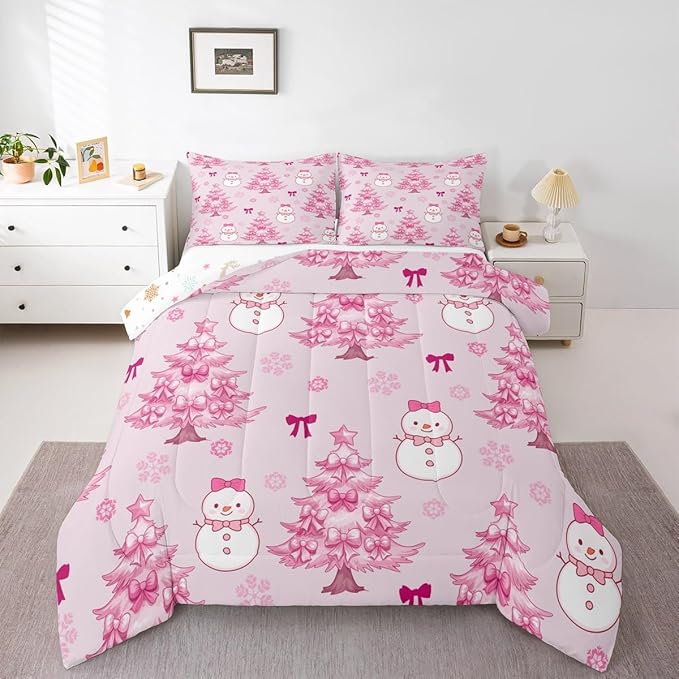 Feelyou Merry Christmas Bedding Set Soft for Boys Girls, Cute Snowman Comforter Set Twin Size Cartoon Bowknot Duvet Quilt Microfiber Christmas Tree 2 Pcs with 1 Pillow Cases