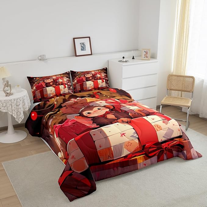 Cartoon Cute Monkey Bedding Set Twin Size,Merry Christmas Comforter Set for Kids Boys Girls Room Decor,Xmas Theme Red Luxury Duvet Insert 2Pcs,Animals Microfiber Modern Soft Quilt Set,1 Pillowcase