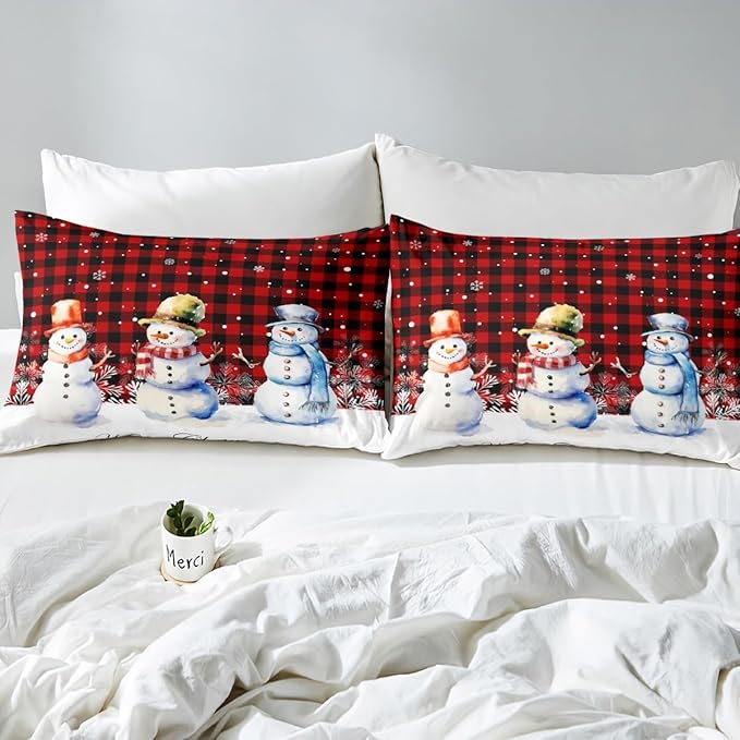 Xmas Snowman Duvet Cover Set Twin Size, Christmas Bedding Set 2pcs for Kids Boys Girls Bedroom Decor, Red Black Plaid Print Comforter Cover with 1 Pillowcase,Snowflake Print Quilt Cover,No Comforter
