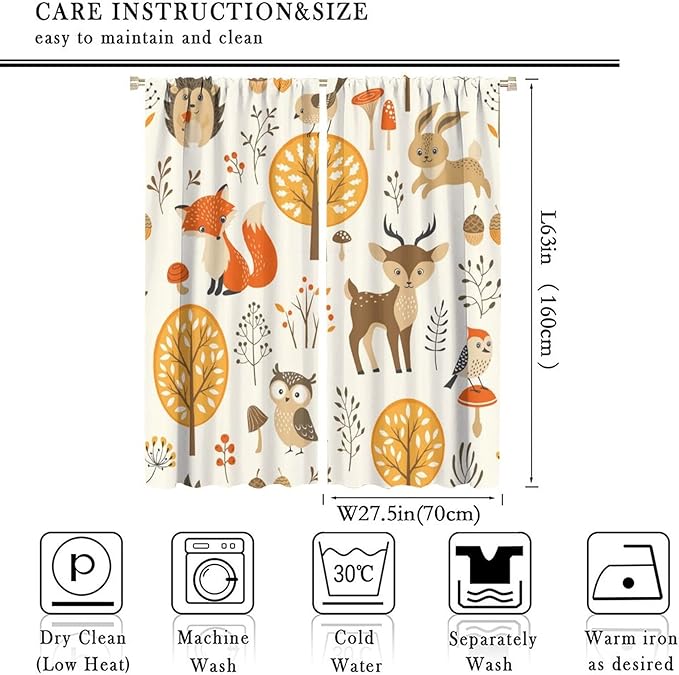 Kids Forest Animal Curtains,Baby Bedroom Window Treatments, Cartoon Watercolor Forest Animal Lion Boys Girls Children Bedroom Drapes 55x63in