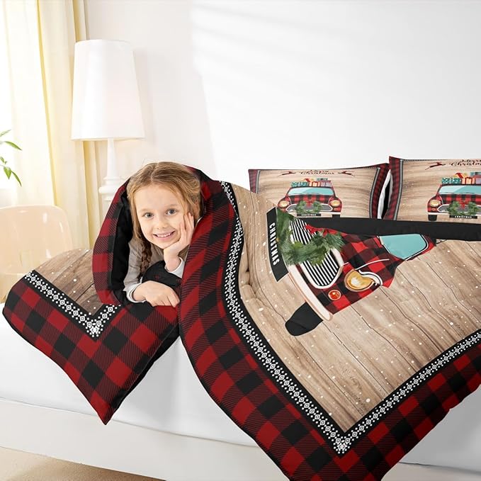 Snowflake Deer Red Plaid Comforter Set with 2 Pillowcases,Rustic Farmhouse Brown Wooden Super Soft Microfiber Bedding Set for Adults Teens,Christmas Plaid Truck Duvet Set for Room Decor,King