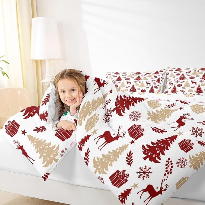 Feelyou Christmas Comforter Set All Season Xmas Tree Bedding Set with 2 Pillow Cases Reindeer Microfiber Kids Queen Bedclothes Snowflake Gift Bedroom Decor Duvet Quilt Breathable Soft Lightweight