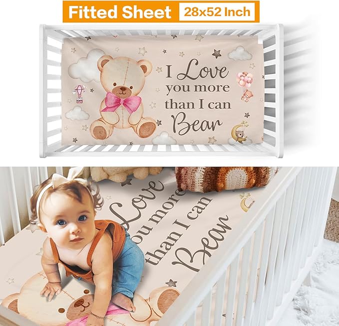 Custom Crib Bedding Set - Bear Design Personalized Name Baby Nursery Bedding 3 Pcs Set - Chic Soft Blanket, Sheet, Pillowcase for Newborns Boys Girls Gifts Color02