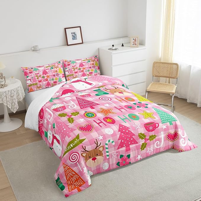 Merry Christmas Kids Comforter Set Twin Size,Cartoon Santa Claus Snowman Deer Xmas Bedding Set,Boys Girls Adults Room Decor,Geometric Grids Down Comforter,Pink Romantic Duvet Insert,1 Pillowcase
