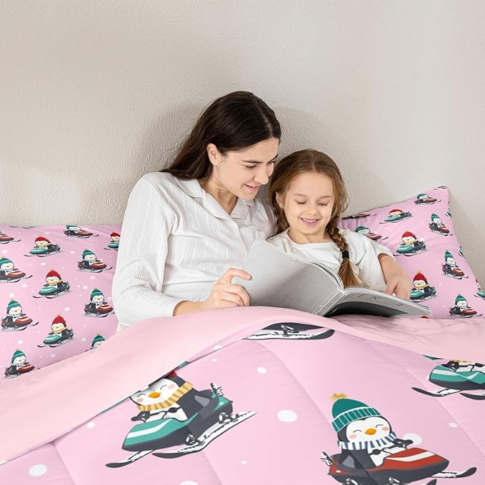 Feelyou Christmas Kids Comforter Set Full Size Pink Penguin Bedding Set Cartoon Penguin Skiing Duvet Quilt for Kids Boys Girls Bedroom Snowflake Decor Microfiber Ultra Soft Breathable