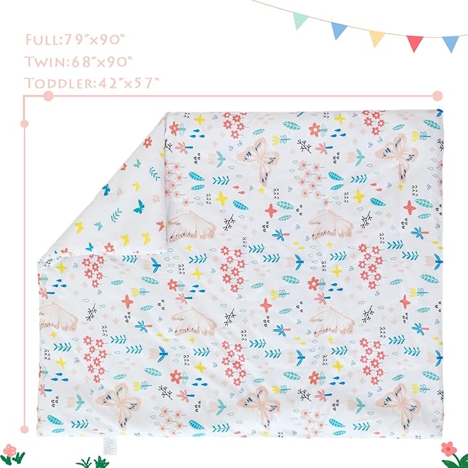 PERFEMET 5 Pieces Girls Bed in A Bag Full Size Reversible Pink Flowers Butterfly Comforter Set with Sheet Soft Lightweight Botanical Floral Bedding Set for Kids Teen(White, Full)