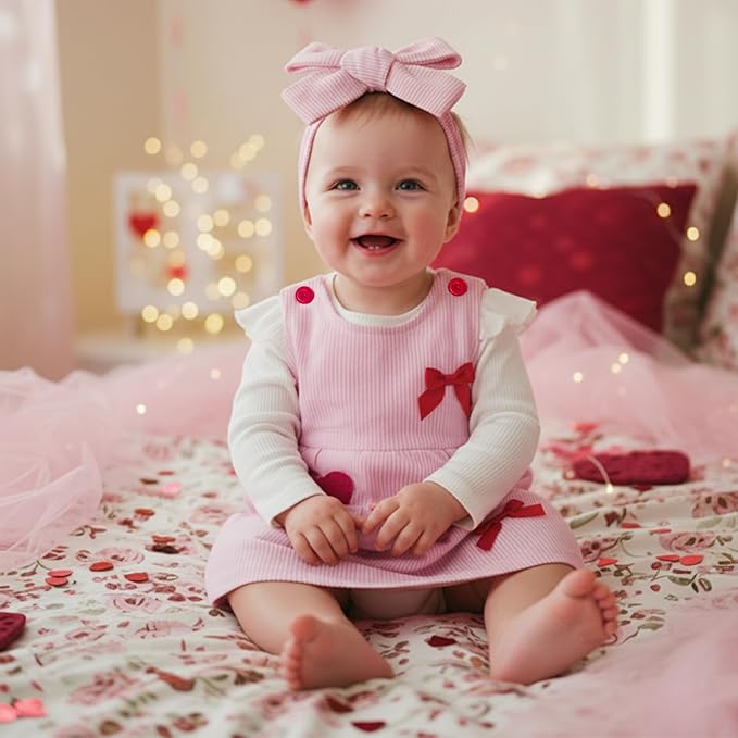 FIOMVA My First Valentines Day Outfit Clothes Baby Girl Romper Love Onesie Heart Embroidery Overalls Suspender Dress Set