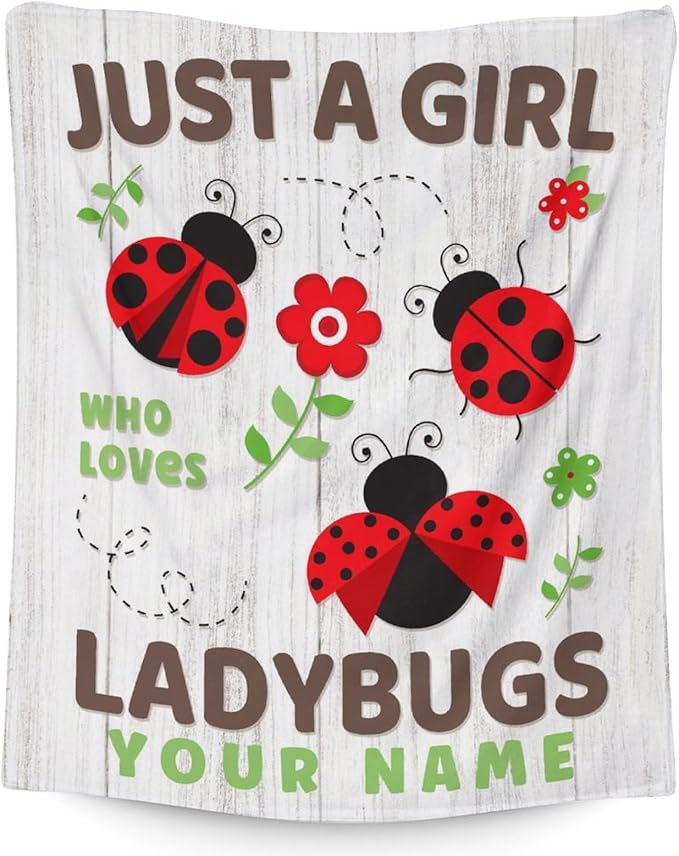 Personalized Ladybug Gifts with Name - Cute Girls Blanket for Ladybug Lovers - 50 x 60 Inches Grey Flannel Throw Blanket Stuff for Sofa, Travel