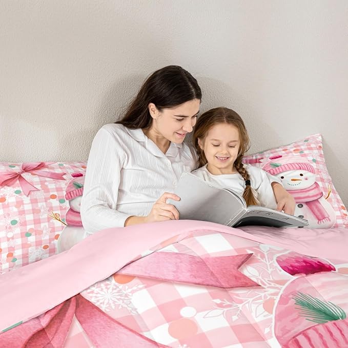 Castle Fairy Pink White Geometric Grid Dots Bed Comforter Set Queen Size,Pink Bow Girly Style Super Soft Microfiber Bedding Set for Adults Teens,Cute Cartoon Snowman Comforter Set,2 Pillowcases